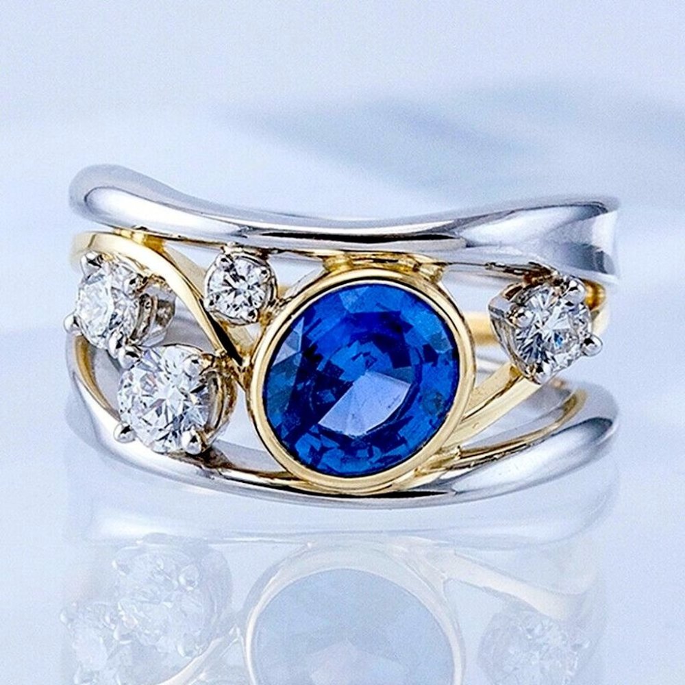 New Two Tone 925 Silver/18k Gold Blue Sapphire Diamond Ring